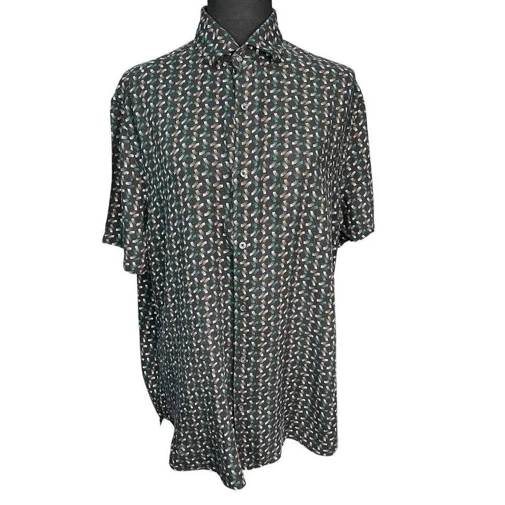 Mango MNG Slim Fit Button Up Shirt Men L Black Geometric Print Short Sleeve